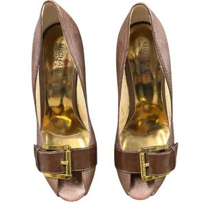 Michael Kors Brown Peep Toe heels Gold Buckle Size 7.5M original box vintage